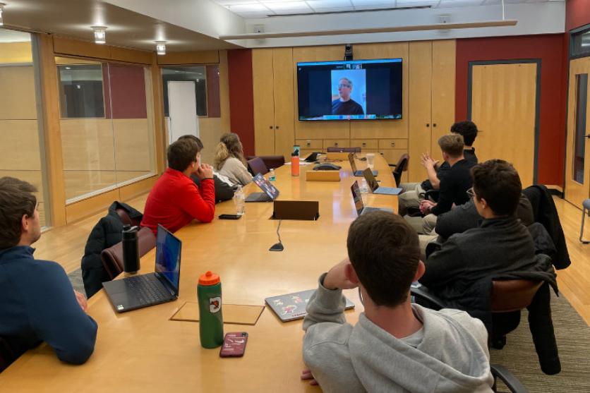 The Front Office students in a virtual meeting with Minnesota Wild President Matt Majka.